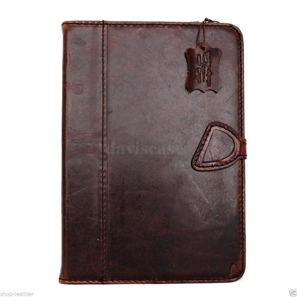 Brown genuine leather iPad Mini 4 case with card slots, stand feature, slim design, magnetic closure, and textured finish.