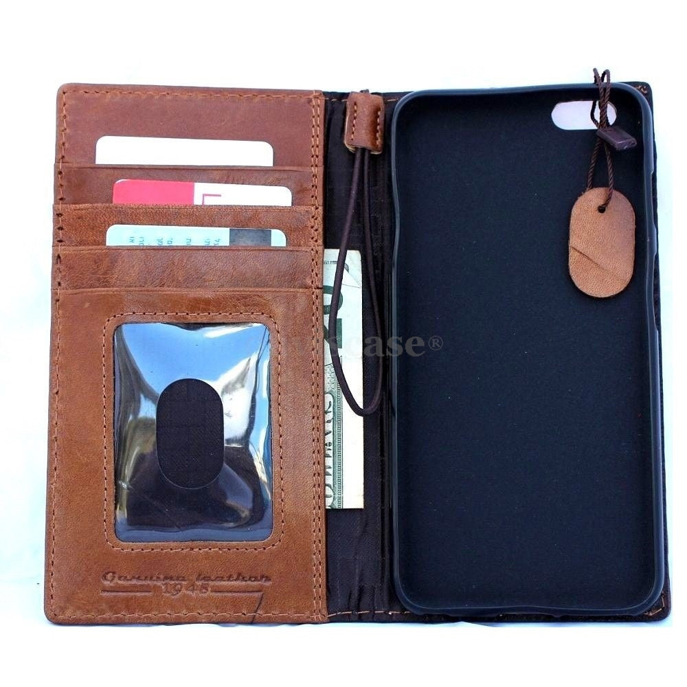 Handmade genuine Italy leather iPhone 6 Plus wallet case with flip cover, card slots, ID window, magnetic closure, slim design.