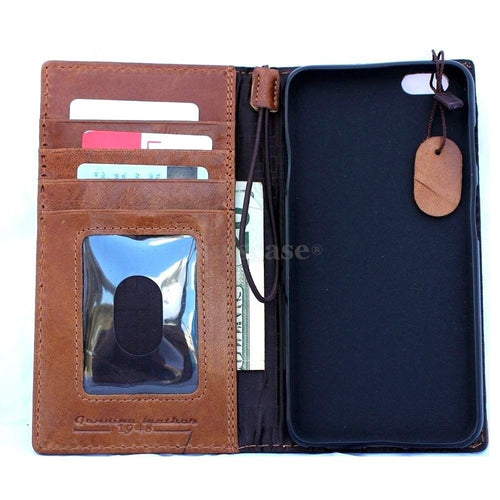 Handmade genuine Italy leather iPhone 6 Plus wallet case with flip cover, card slots, ID window, magnetic closure, slim design.