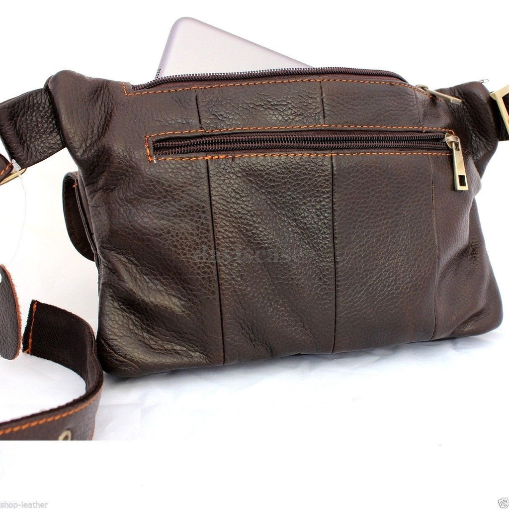 Genuine full leather men's waist pouch and sling backpack by DAVISCASE with zipper compartment and cell phone pocket.