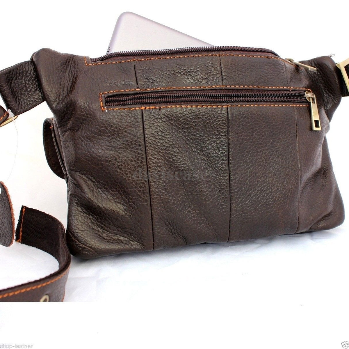Genuine full leather men's waist pouch and sling backpack by DAVISCASE with zipper compartment and cell phone pocket.