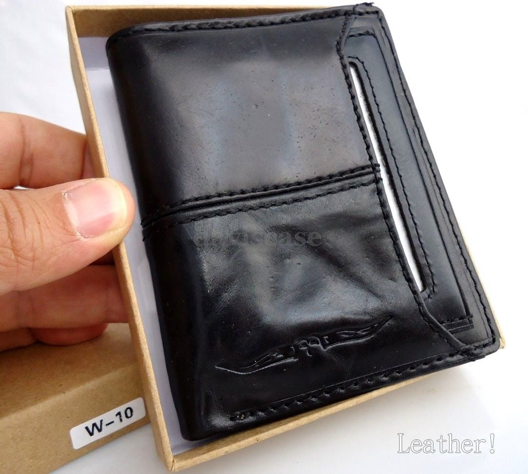 Men's DAVISCASE genuine leather retro bi-fold wallet with ID pocket, slim black leather purse and pouch for cash and cards.