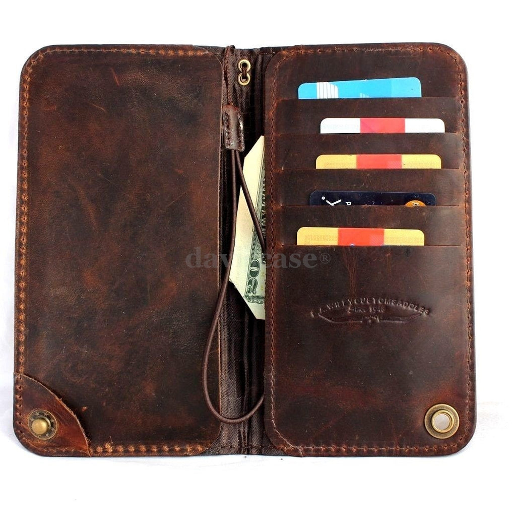 Handmade genuine Italy leather iPhone 6 case with flip wallet design, card slots, and magnetic closure.