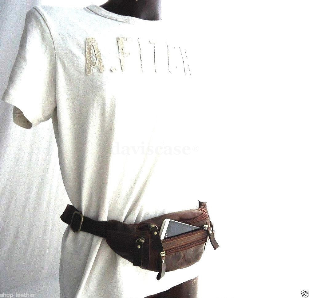 Men's vintage leather waist pouch backpack by DAVISCASE with cellphone and coin compartments, stylish sling bag for men.