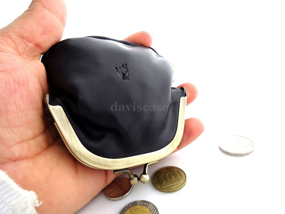 Black genuine soft leather women's mini coin purse and wallet case, compact and stylish for ladies.