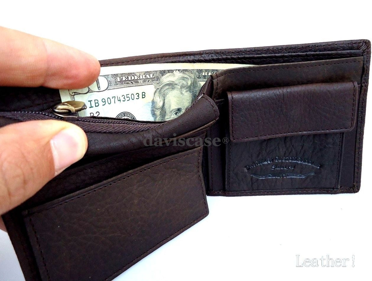 Men's brown DAVISCASE full soft leather wallet with 8 card slots, ID window, and 3 bill compartments, designed for everyday use.