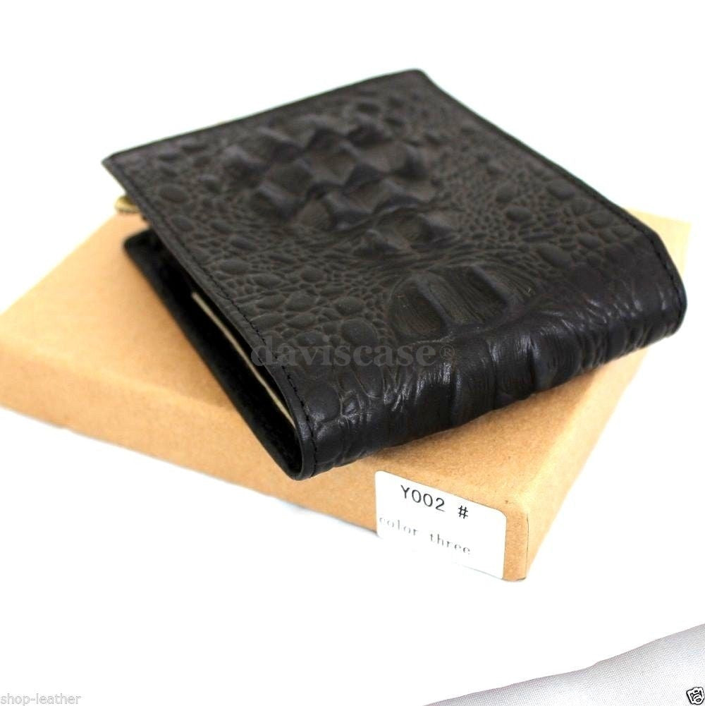 Black men's full leather wallet with crocodile texture, 4 card slots, ID window, and 2 bill sections in slim design.
