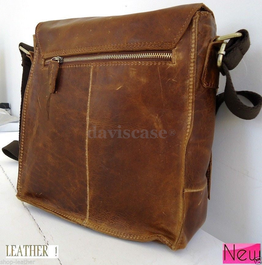 Men's vintage leather messenger bag with handles and shoulder strap, fits 10-11 inch iPads and laptops, classic handbag style.