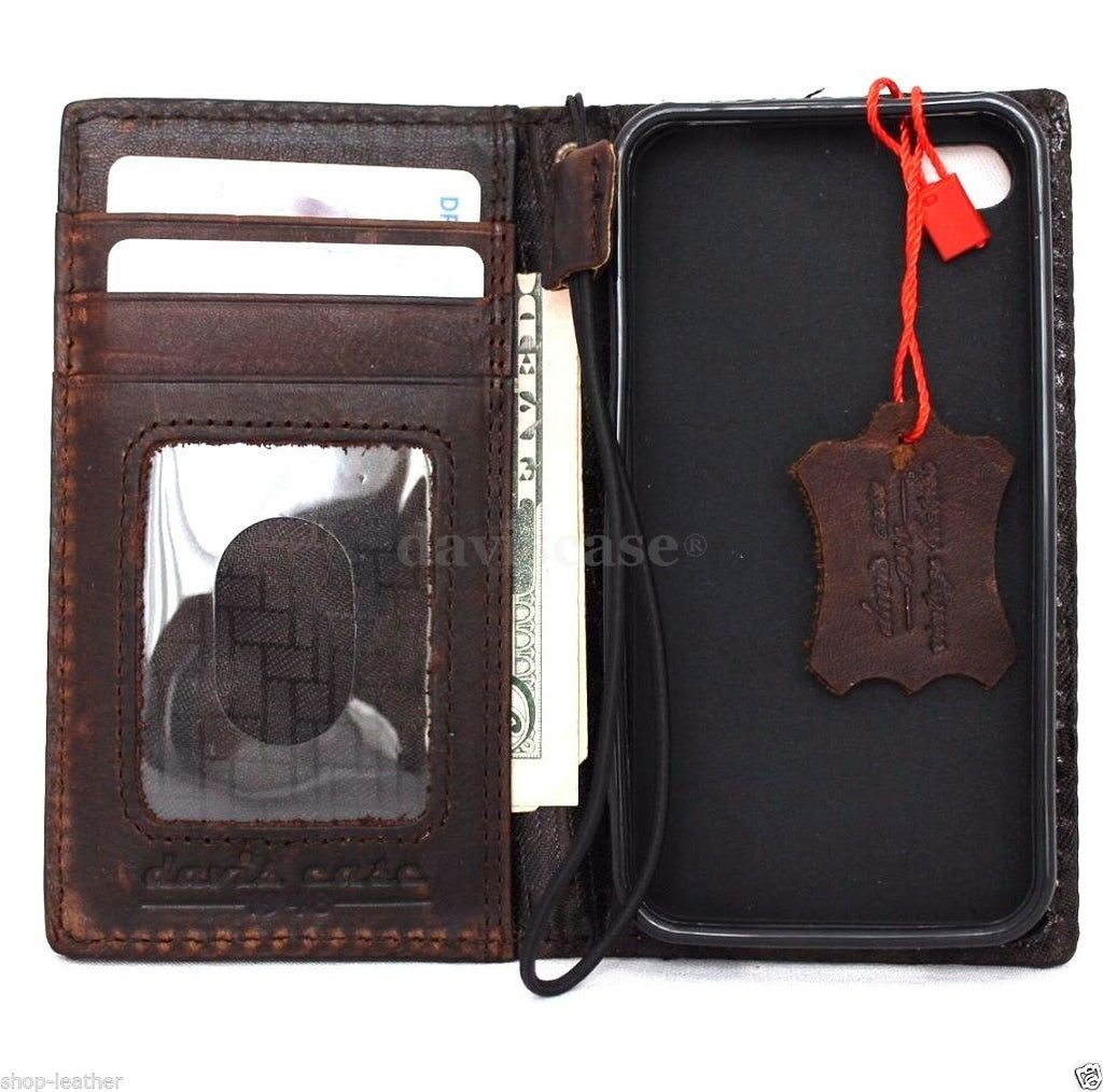 Handmade genuine Italian leather case for iPhone 4S, featuring a book wallet stand design with card slots.
