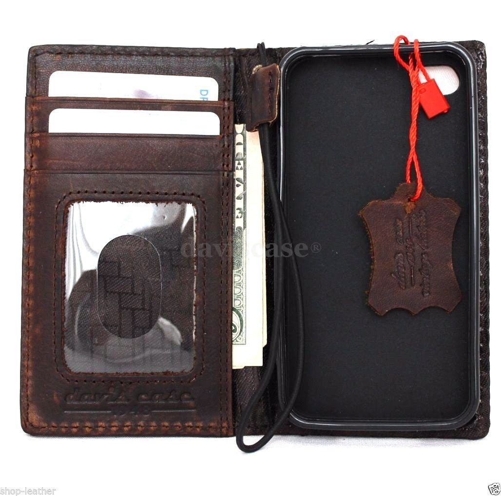 Handmade genuine Italian leather case for iPhone 4S, featuring a book wallet stand design with card slots.