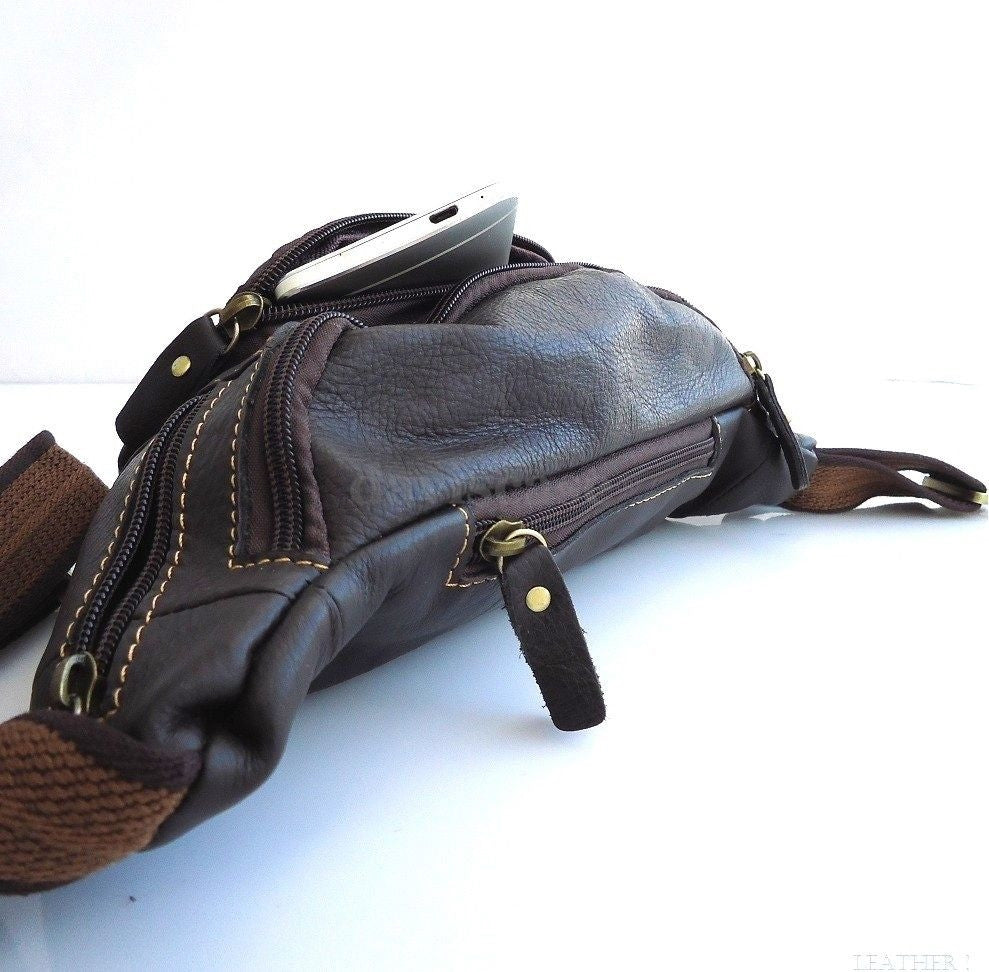 Genuine natural leather men's shoulder wallet bag by DAVISCASE, featuring a compact pocket waist pouch style with adjustable strap.