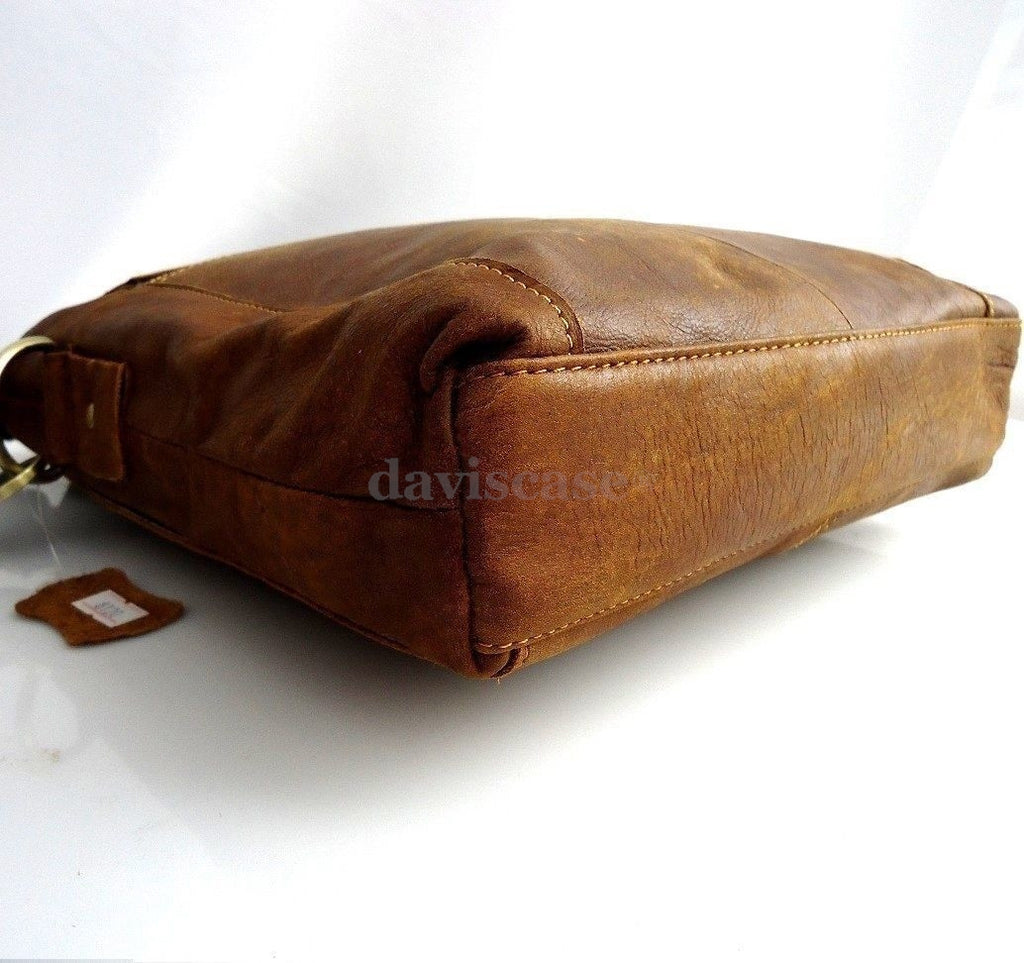 Men's genuine soft leather messenger handbag in tan, vintage design by DAVISCASE, featuring a classic and stylish look.