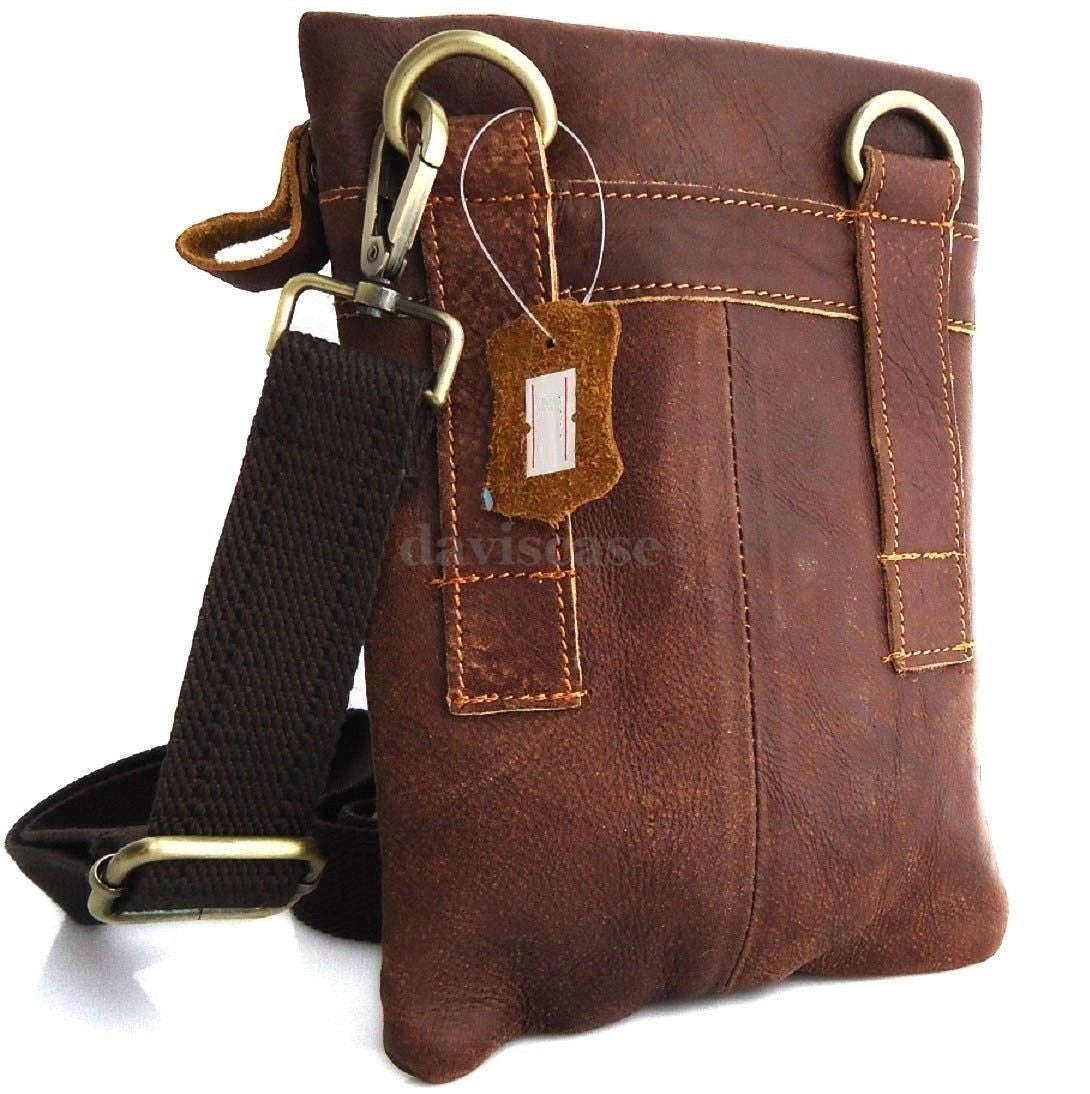 Men's genuine leather crossbody bag in vintage brown style, slim and soft with classic design by DAVISCASE.