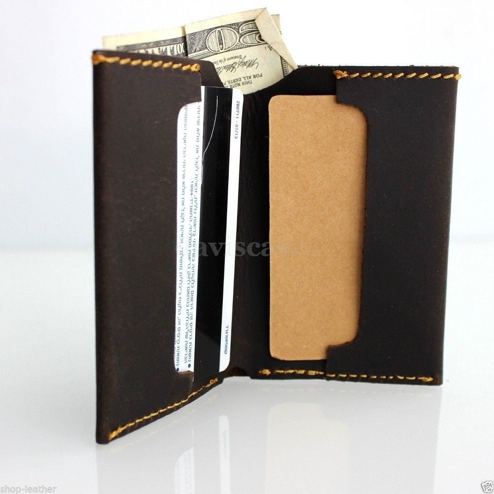 Brown men's leather credit card case with 2 card slots, slip pockets, and a bill compartment, by DAVISCASE.