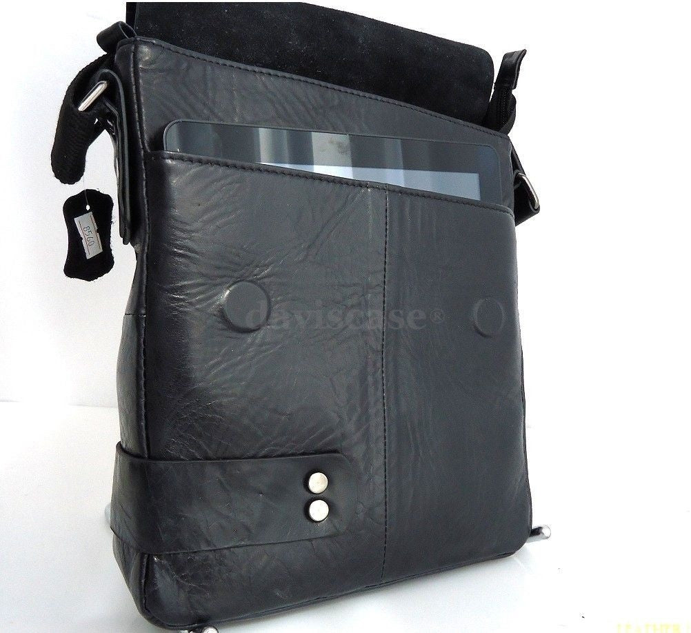 Black men's PU leather messenger bag with laptop compartment, business design, ideal for professionals and everyday use.