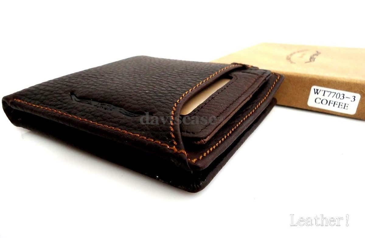 Men's DAVISCASE genuine leather money clip wallet with coin pocket and credit card holder, handmade box included.