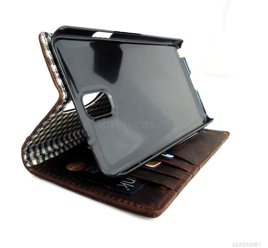 Handmade vintage brown leather wallet case for Samsung Galaxy Note 3, featuring a book-style design and card slots.