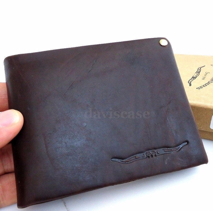 Men's brown full leather wallet by DAVISCASE with 3 credit card slots, 3 bill compartments, and an ID window.