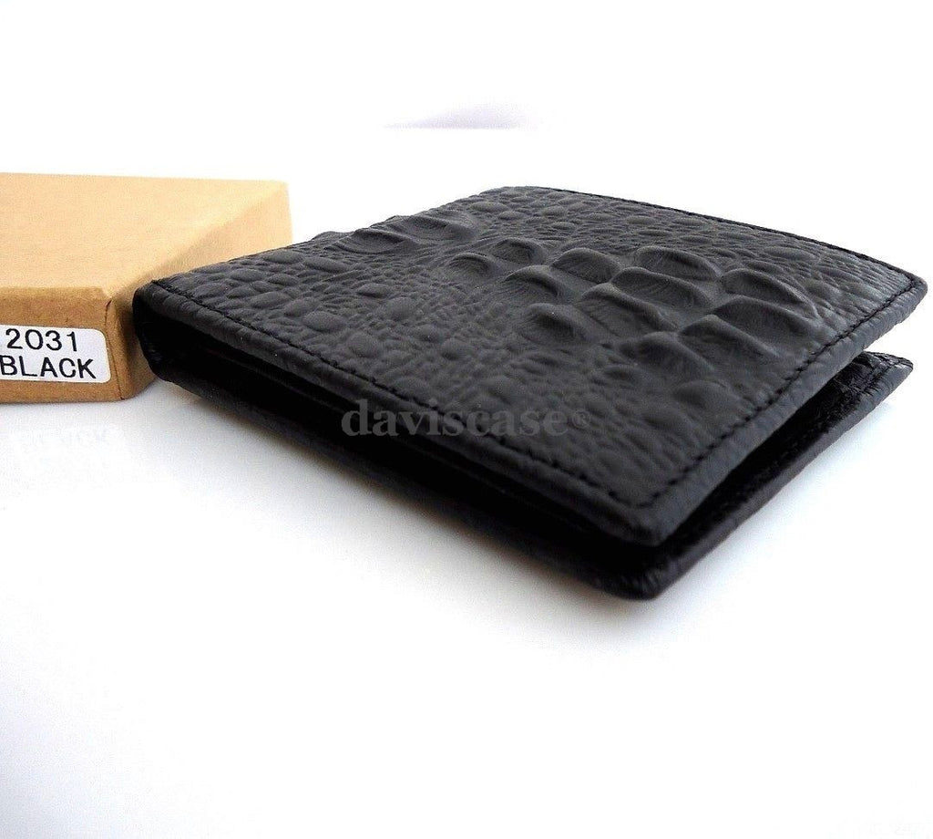 Men's black genuine vintage cow leather wallet with coin pocket, crocodile pattern, by DAVISCASE.