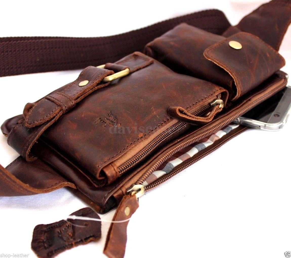 Men's genuine oiled Italian leather wallet bag and waist pouch by DAVISCASE, featuring a soft crossbody design with multiple compartments.
