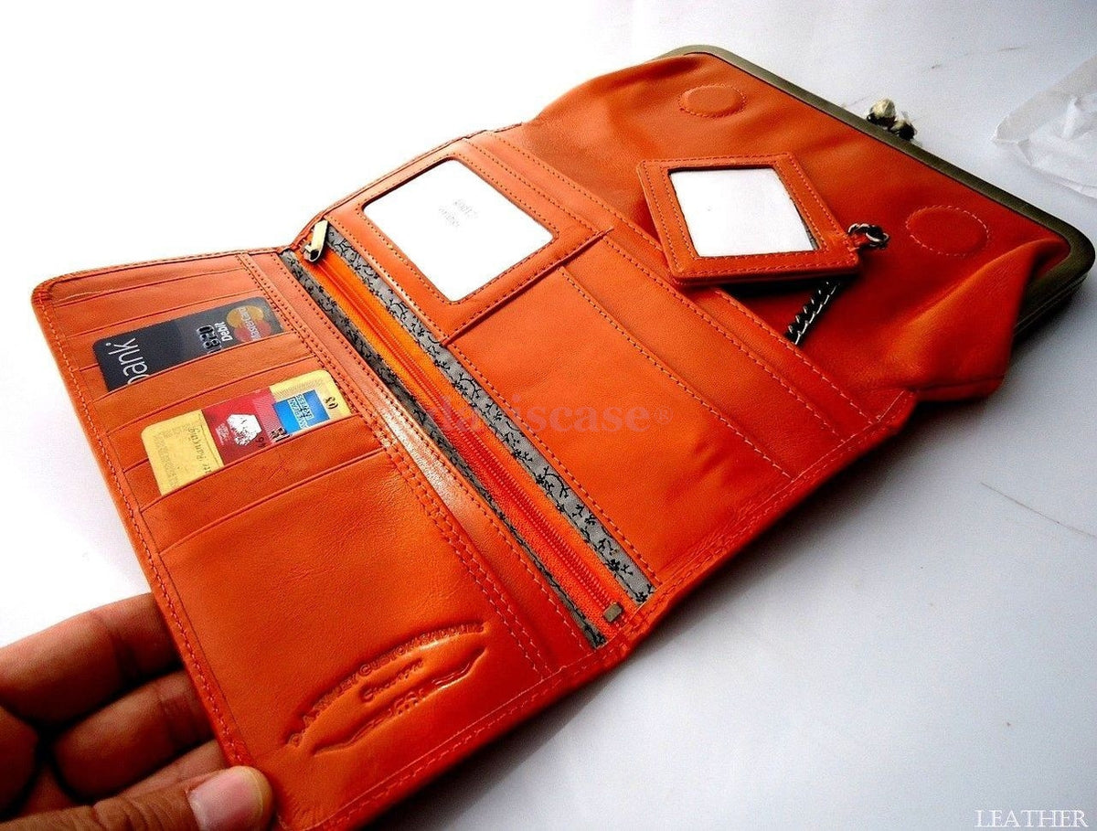 Orange genuine leather women's wallet with card slots, coin pocket, clutch design, by DAVISCASE.