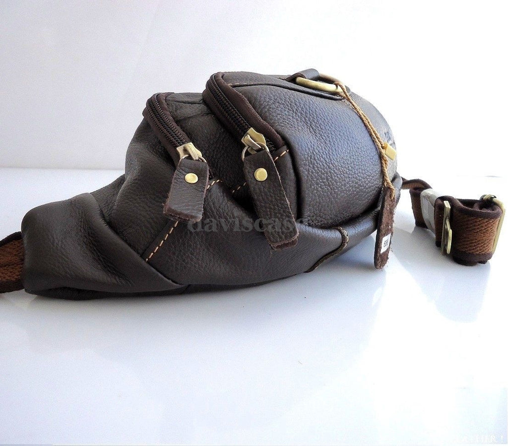Men's genuine leather wallet bag with zipper, waist pouch, and sling design, suitable for carrying cellphone and essentials.