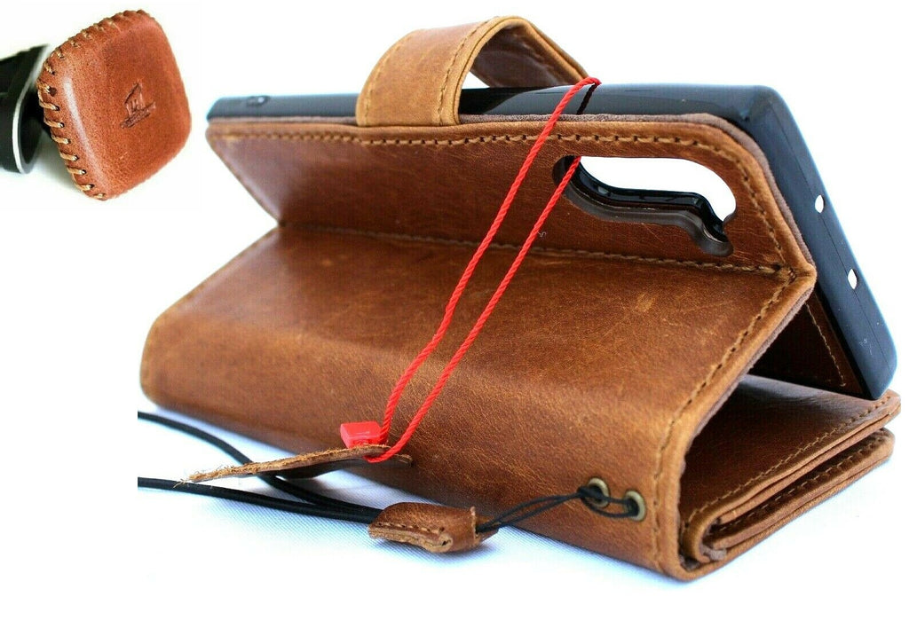 Handmade genuine leather Samsung Galaxy Note 10 wallet case with stand, magnetic car holder, book-style cover, and window design.