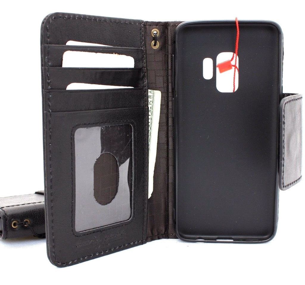 Black genuine leather wallet case for Samsung Galaxy S9 with Jafo design, handmade magnetic cover by DAVISCASE.