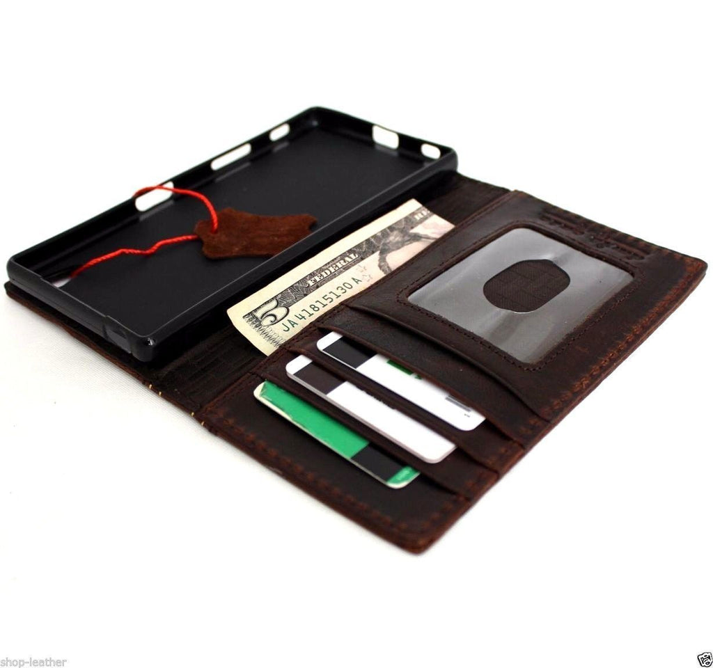 Vintage Italian leather case for Sony Xperia 5 IV, handmade wallet-style cover with card slots and slim design.