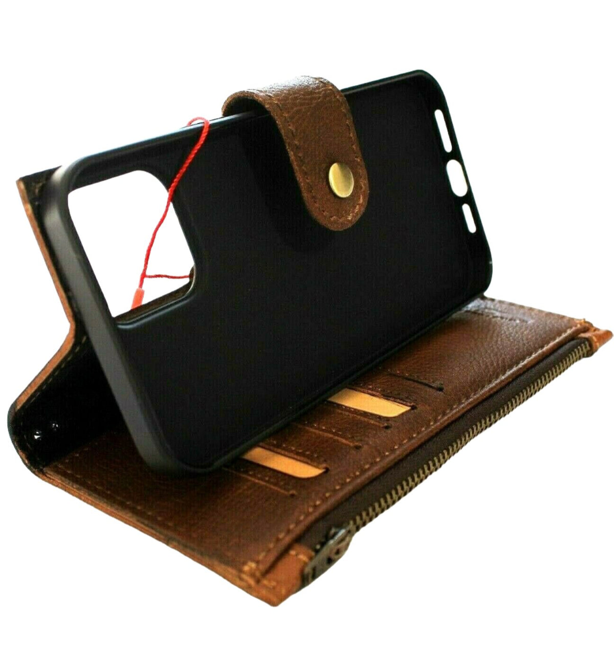 Handmade genuine leather phone case for Samsung Galaxy S and Note series, with wallet, zipper, and edge protection by DAVISCASE.