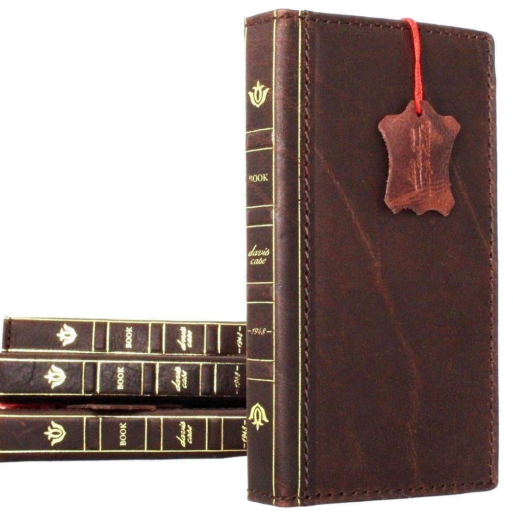 Dark brown leather iPhone XS case with wallet-style design, card slots, and vintage rustic finish by DAVISCASE.