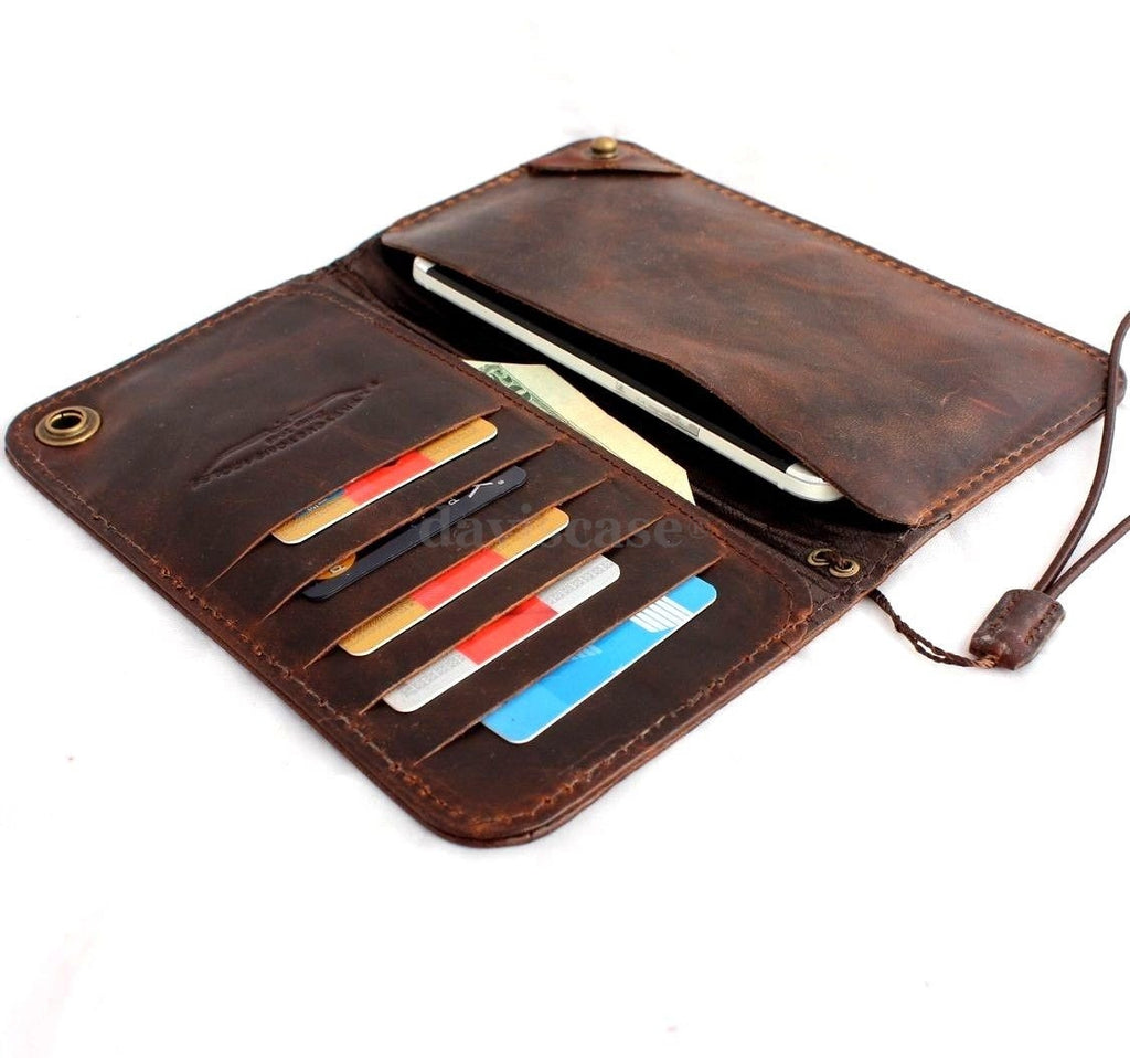 Handmade genuine Italy leather iPhone 6 case with flip wallet design, credit card slots, and magnetic closure.