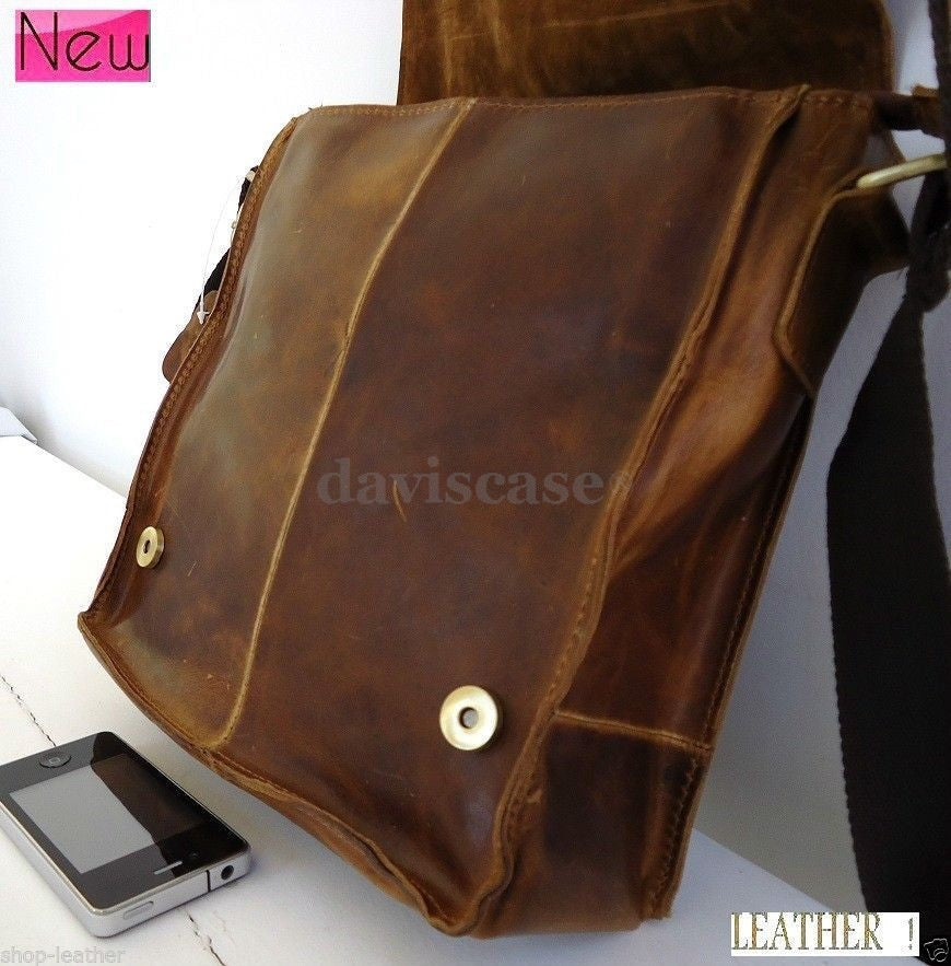 Men's vintage leather messenger bag for iPad and laptop, classic genuine leather handbag with adjustable strap from vendor-unknown.