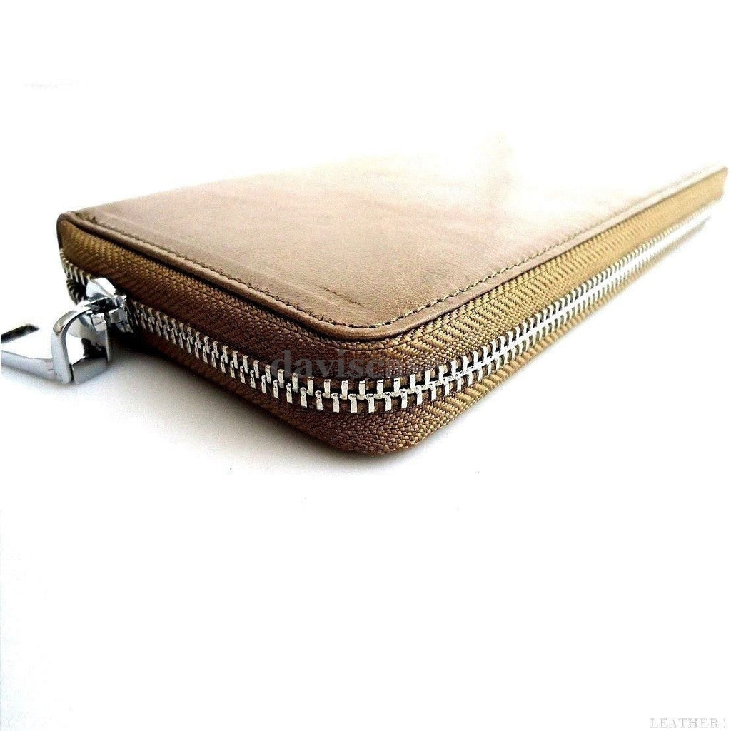 Beige genuine leather women's tote wallet with zipper, coins and credit card compartments, classic DAVISCASE handbag.