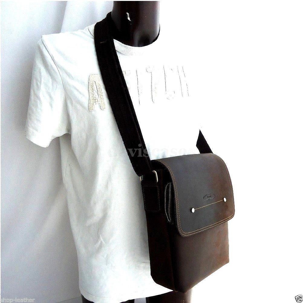 Vintage style brown leather men's messenger bag by DAVISCASE with shoulder strap and crossbody design.