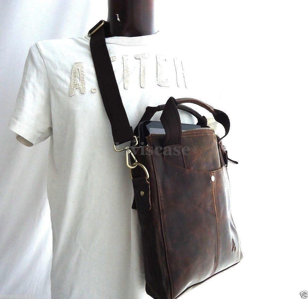 Genuine dark brown leather men's messenger bag with retro style crossbody design by DAVISCASE, featuring adjustable shoulder strap.