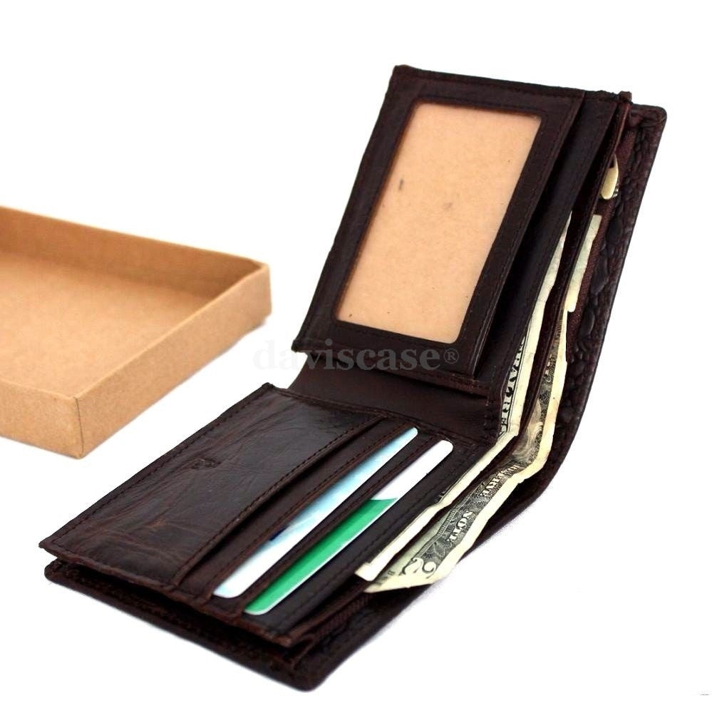 Men's genuine leather money clip wallet with crocodile texture by DAVISCASE, slim pocket purse for cards and bills.