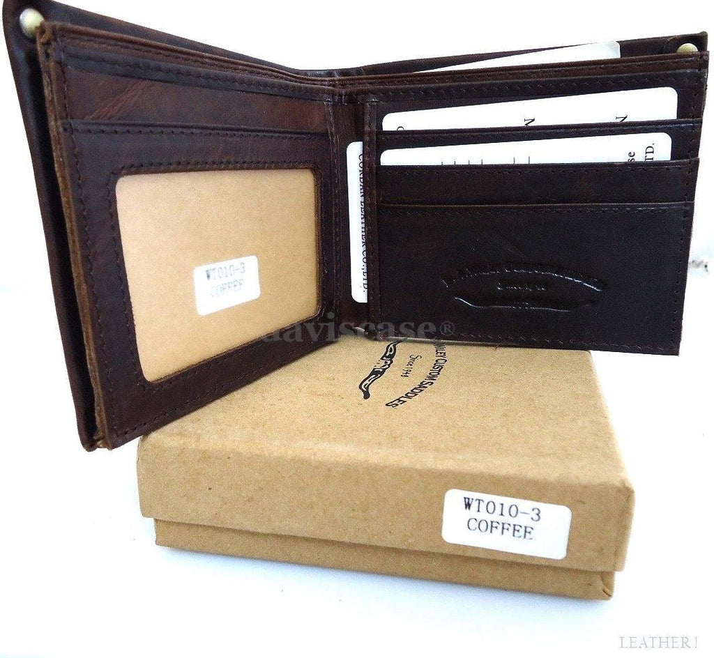 Men's brown DAVISCASE leather wallet with 3 credit card slots, 3 bill compartments, and an ID window.