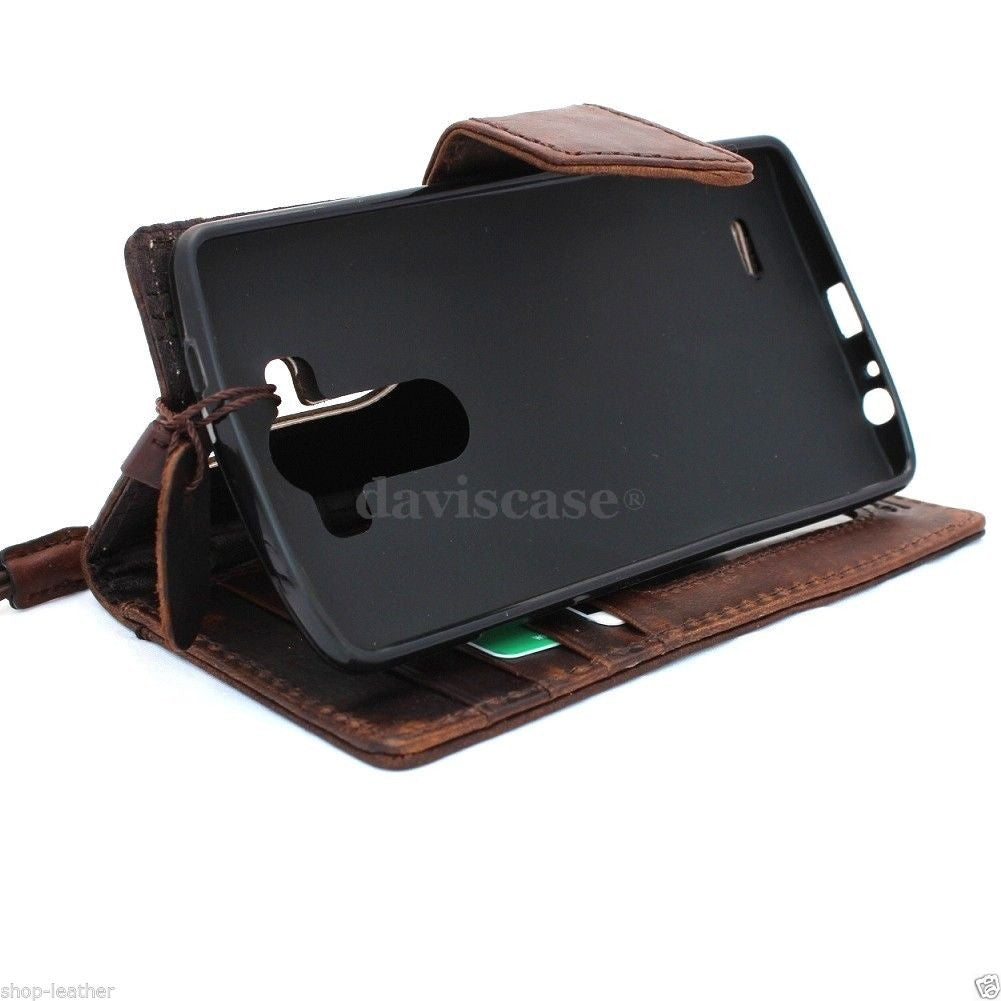 Handmade vintage brown Italian leather phone case for LG G3 with magnetic book wallet design, slim and durable.