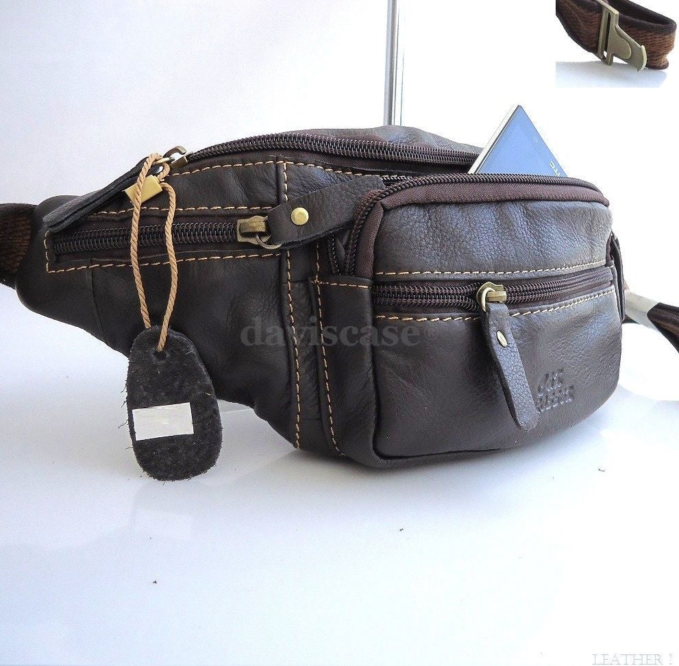 Genuine natural leather men's shoulder wallet bag by DAVISCASE, featuring a compact waist pouch with adjustable strap and multiple pockets.