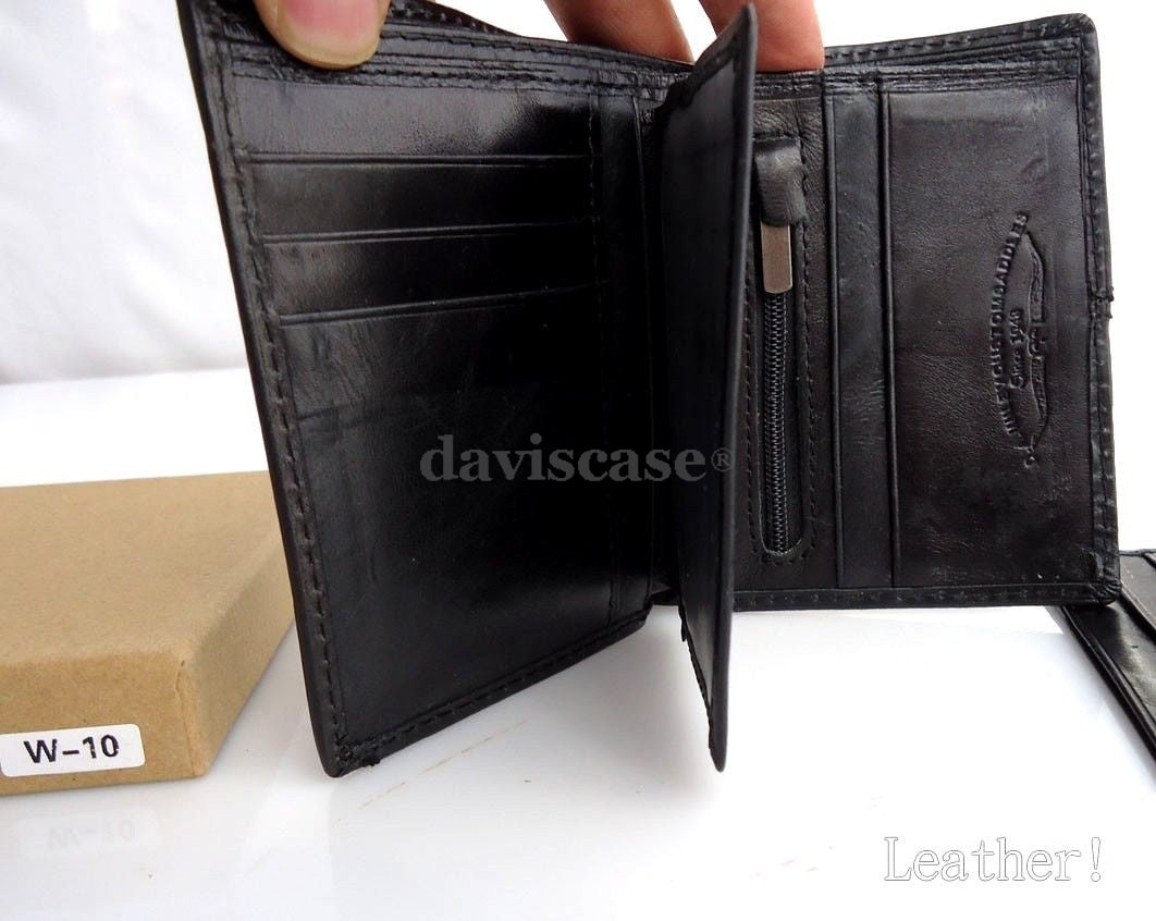 Men's black genuine leather bi-fold wallet with ID pocket and slim design, by DAVISCASE, featuring a retro style and compact purse pouch.