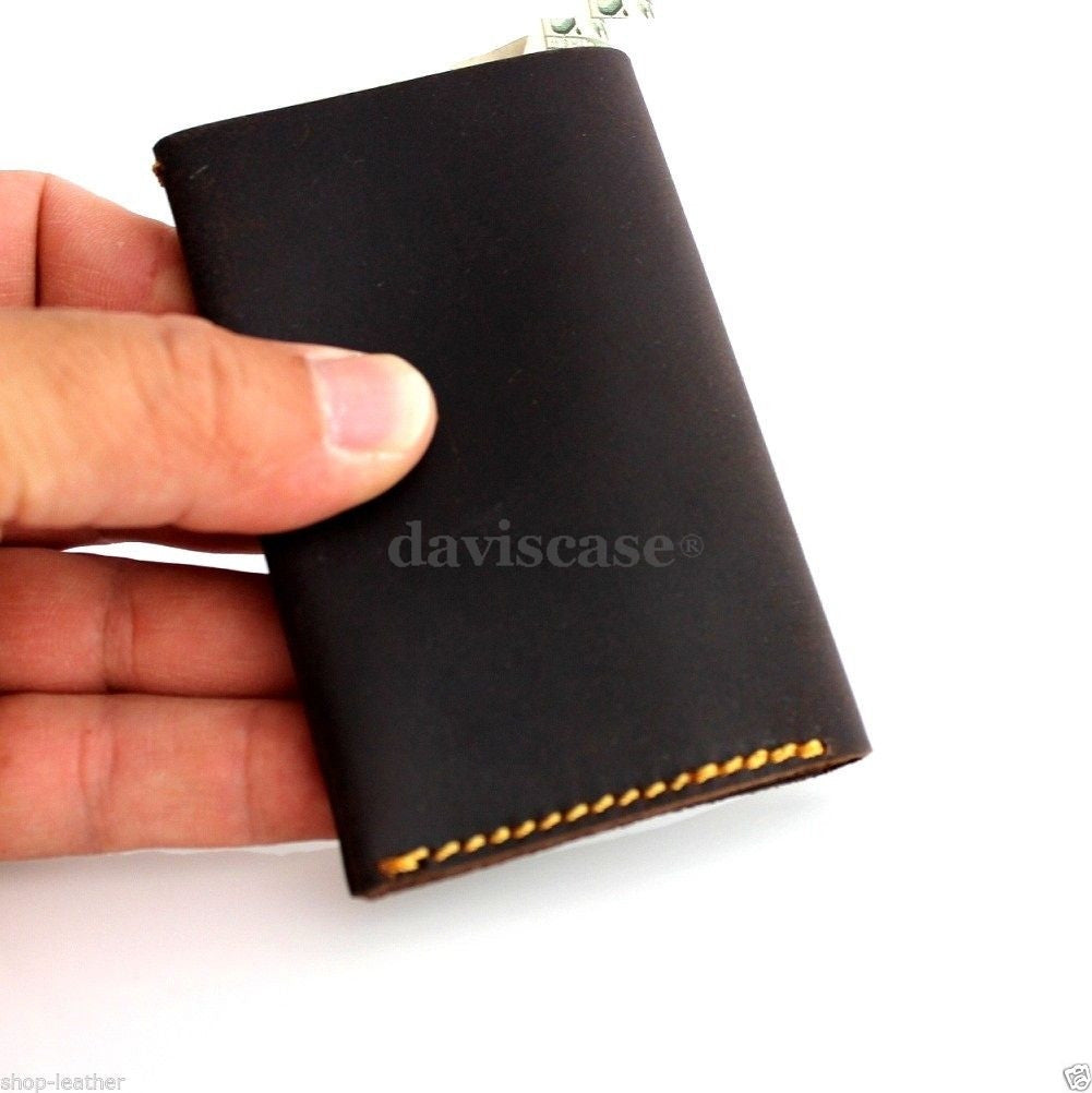 Men's brown leather credit card case by DAVISCASE with 2 card slots, 2 slip pockets, and a bill compartment.