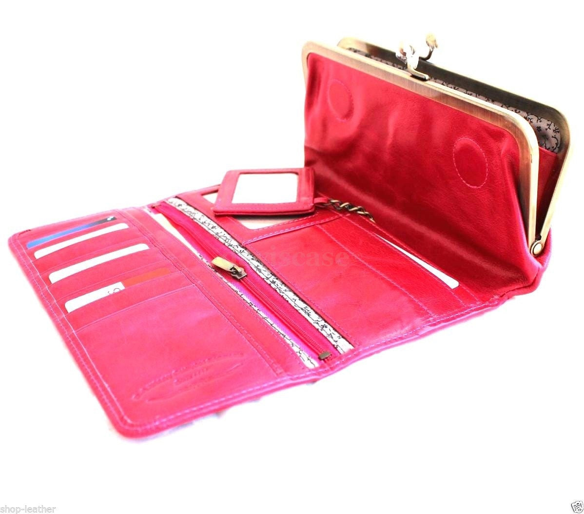 Pink genuine leather women's wallet with card slots, coin pocket, and clutch design by DAVISCASE.