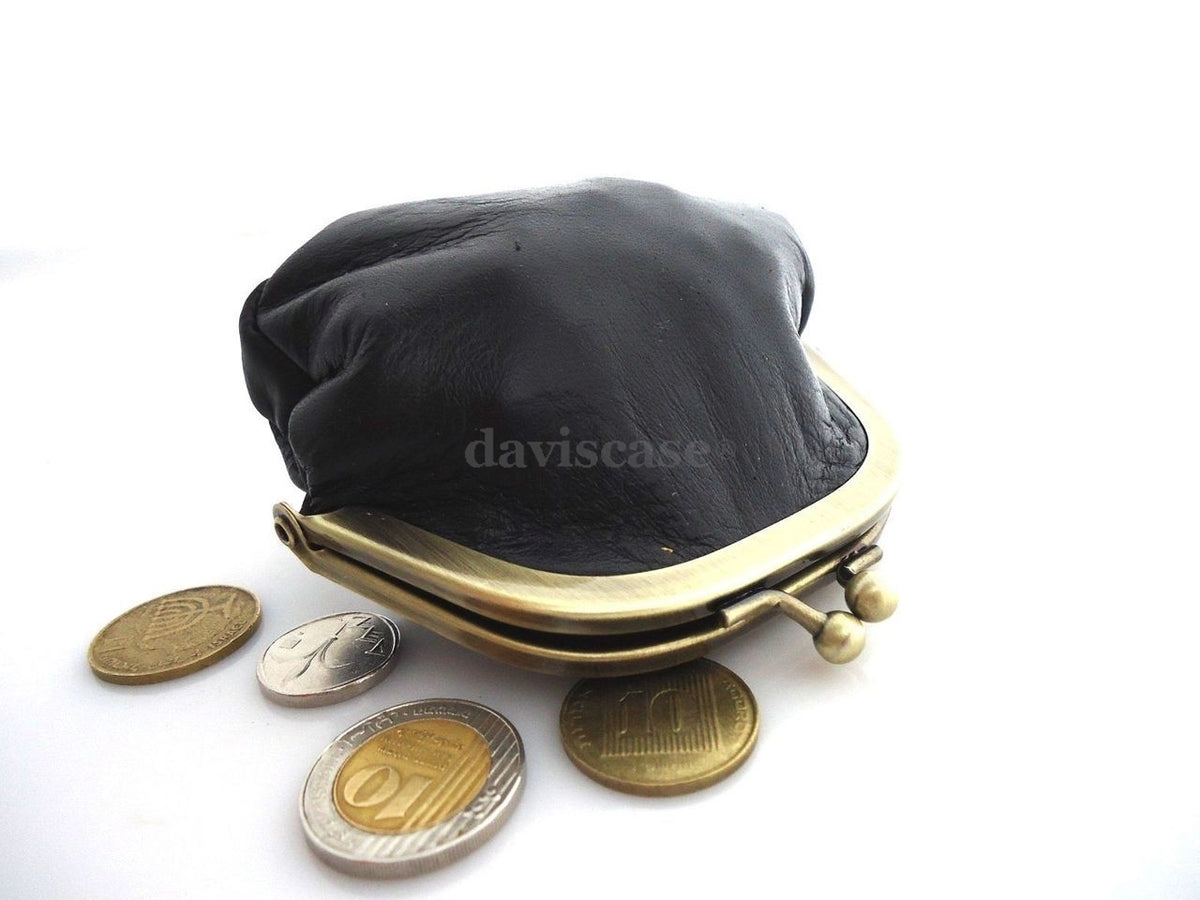 Genuine soft black leather women's mini coin purse and wallet case, compact and stylish for ladies.