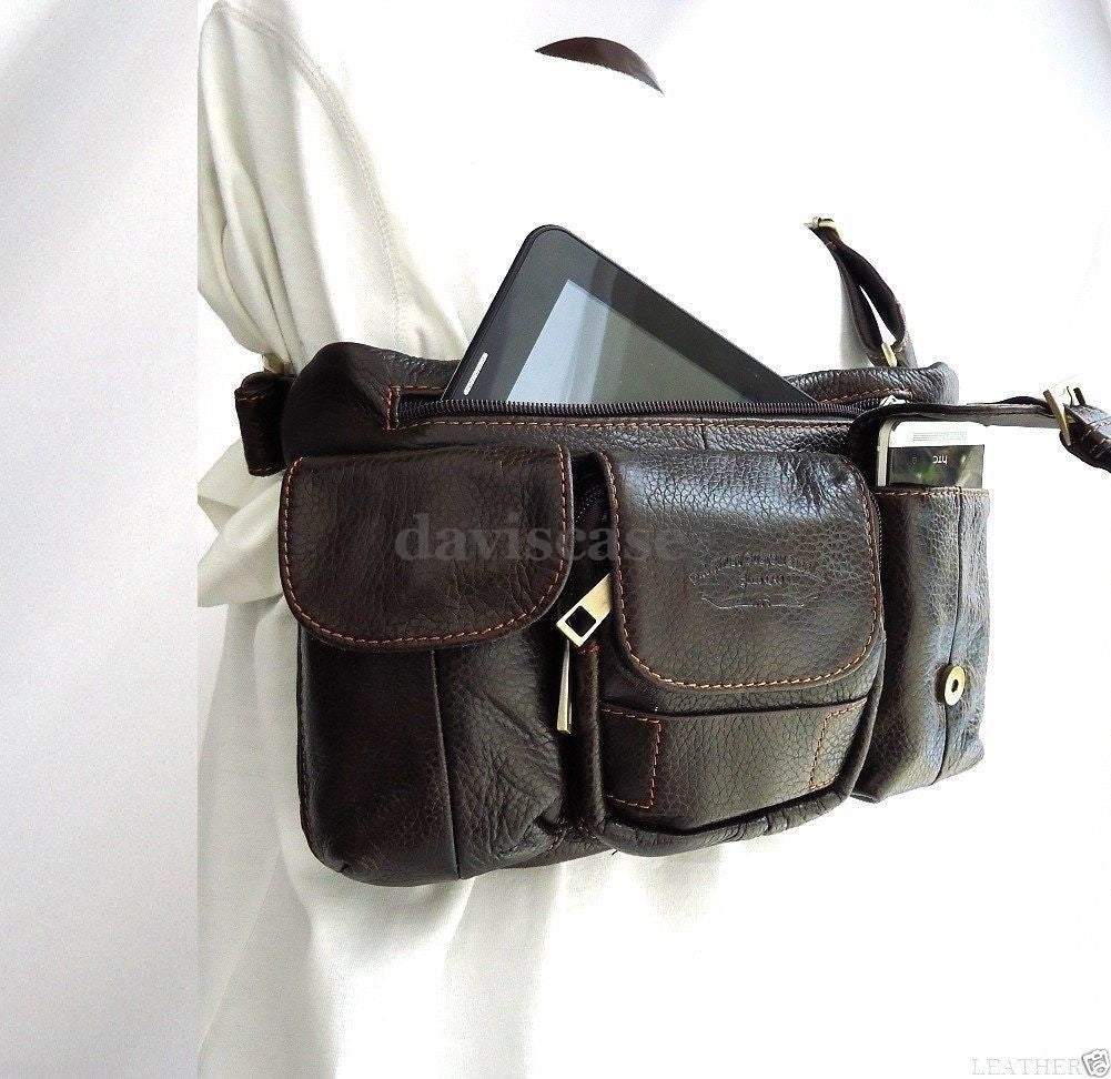 Genuine full leather men's waist pouch and sling backpack with zipper, designed by DAVISCASE, featuring a cellphone pocket.