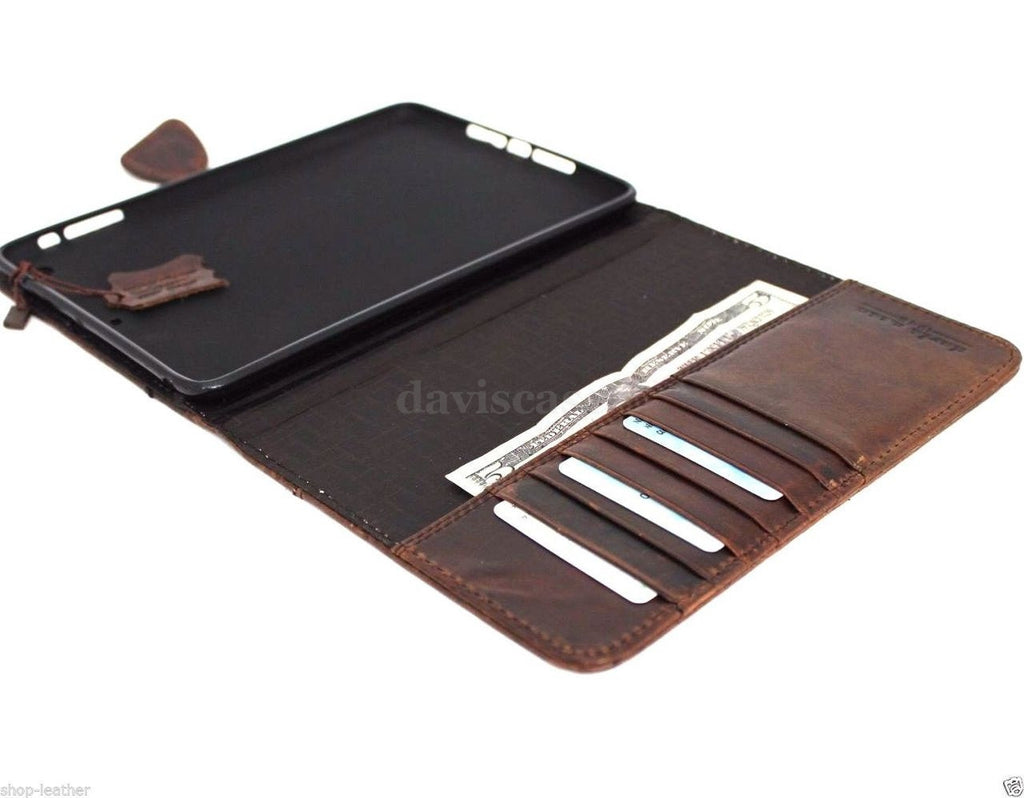 Brown genuine leather iPad mini 4 case with card slots, stand feature, slim design, and magnetic closure.