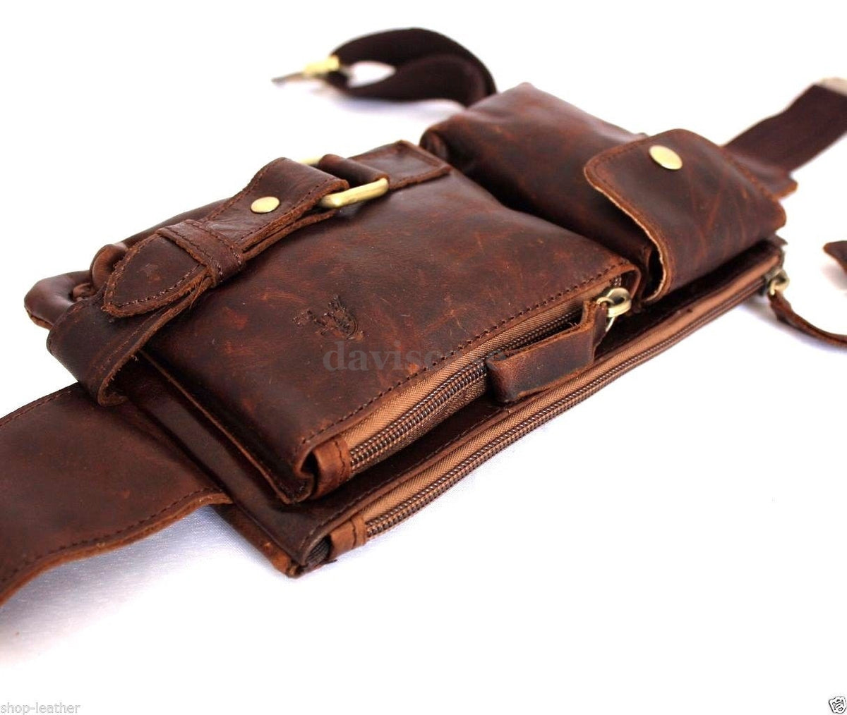 Mens DAVISCASE genuine oiled Italian leather wallet bag with pocket, waist pouch, and crossbody strap, soft and stylish for everyday use.
