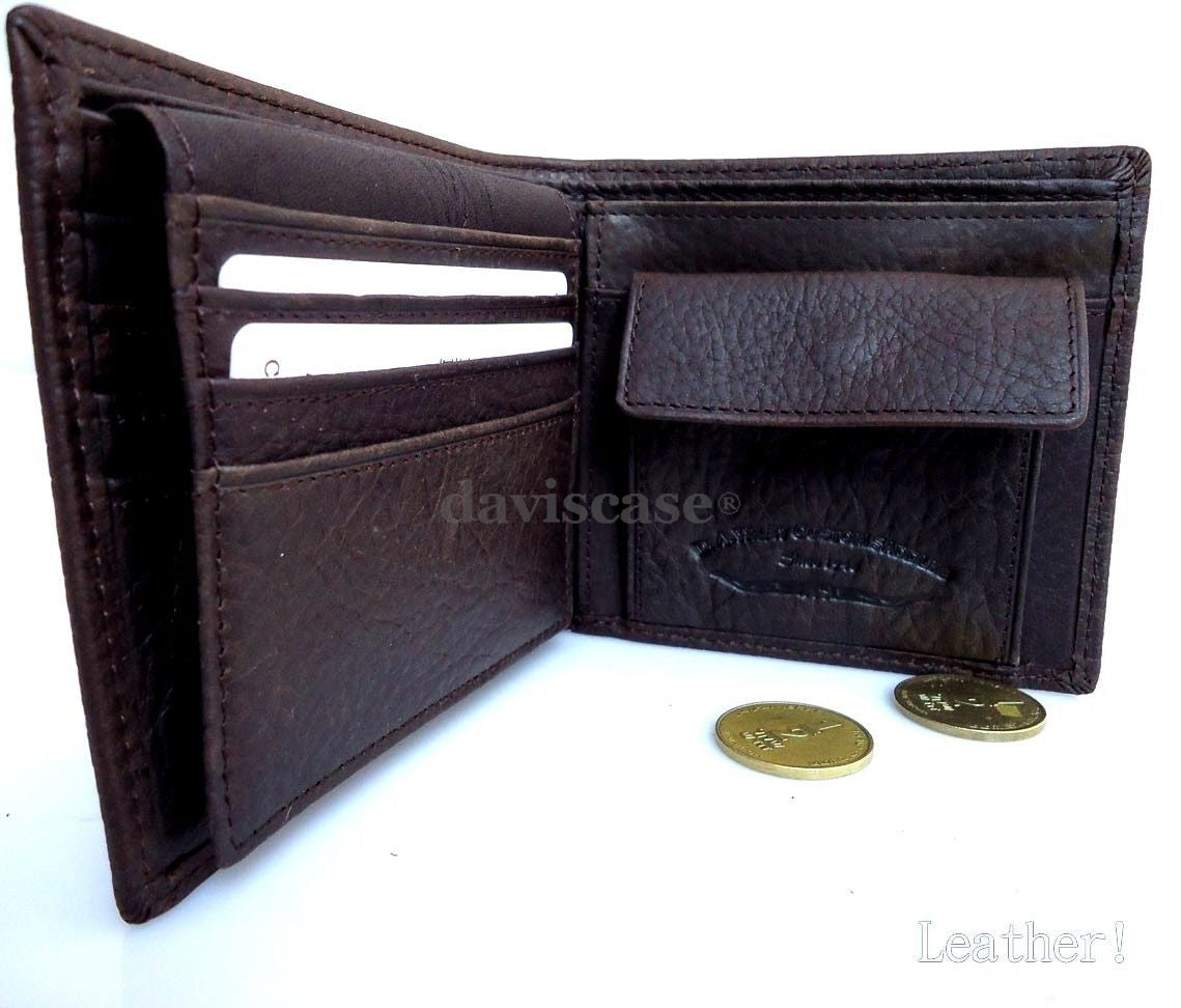 Men's genuine leather money clip wallet with ID window, coin pocket, and slim box design by DAVISCASE.