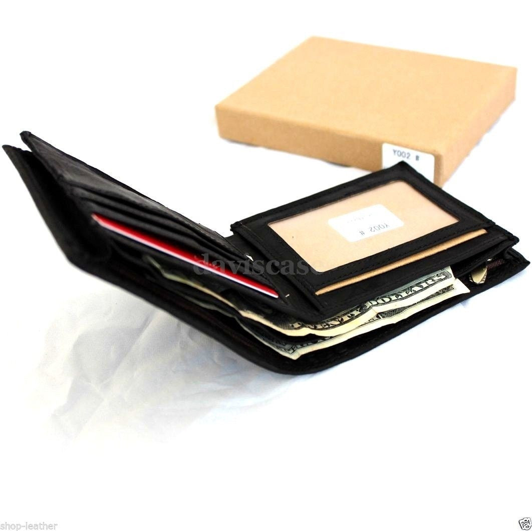 Black men's full leather wallet with crocodile texture, 4 card slots, ID window, and 2 bill sections in a slim design.