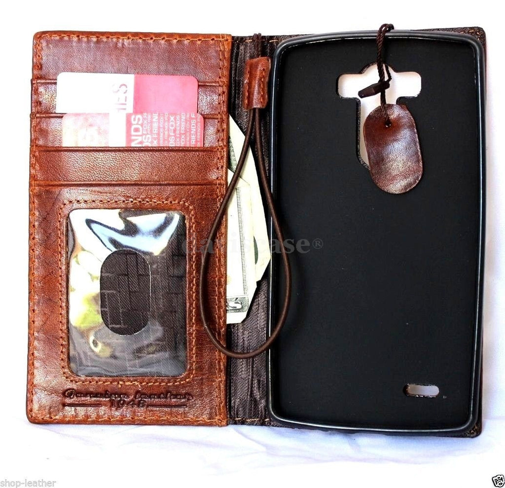 Light brown genuine Italian vintage leather hard case for LG G3 phone, handmade slim wallet cover with book-style design.